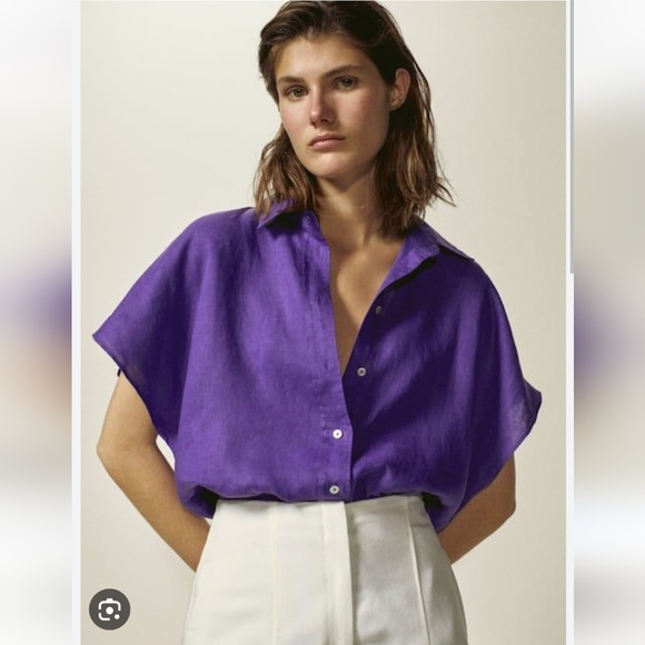 Massimo Dutti Tops - Massimo Dutti Linen Short Sleeve Oversized Blouse Top  Purple EUC